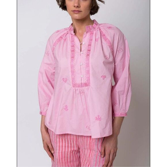 NWT V. De. Vinster Patchwork Embroidered Front Button Placket Blouse Pink Small - Picture 2 of 10